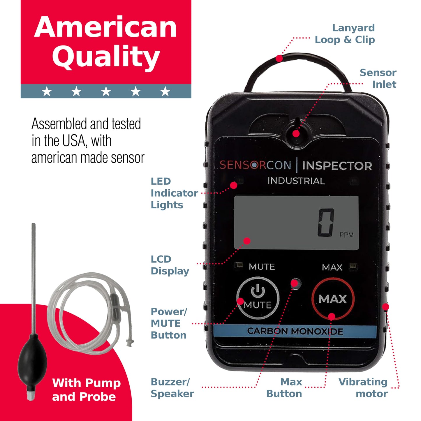 Sensorcon Inspector 2 Industrial CO Detector Kit with Pump Assembly and Probe Kit – Portable Carbon Monoxide Detector with Visual, Audible and Vibrating Alerts