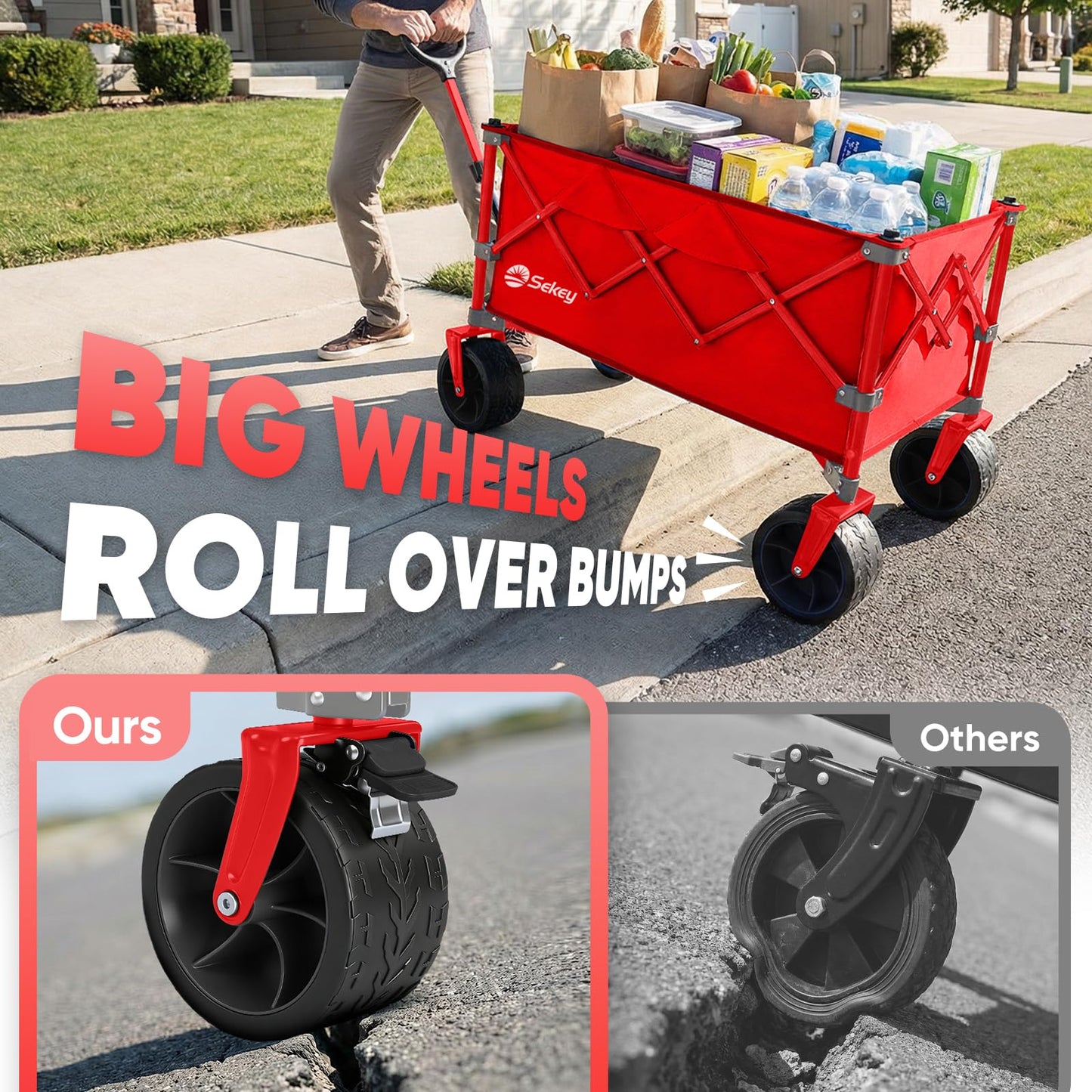 Sekey 150L Wagons Carts Foldable with Big All-Terrian Beach Wheels, Collapsible Heavy Duty Wagon, Extra Large Folding Wagon, Foldable Wagon for Camping, Garden, Sports. Red