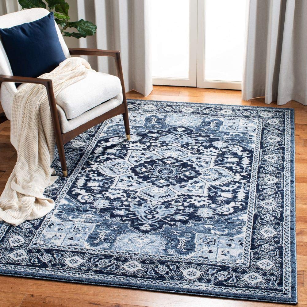 SAFAVIEH Charleston Collection Area Rug - 6'7" Square, Navy & Blue, Oriental Medallion Design, Non-Shedding & Easy Care, Ideal for High Traffic Areas in Living Room, Bedroom (CHL431N)