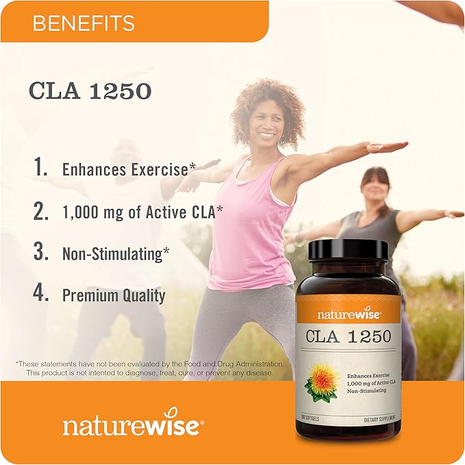 NatureWise CLA 1250 - Conjugated Linoleic Acid Supplement for Women and Men, Not Stimulating, Supports Healthy Weight, Fitness Goals - Non-GMO, Gluten Free - 90 Softgels[1-Month Supply]