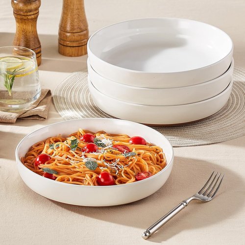 MALACASA 48 OZ Pasta Bowls Set of 4 - Large Ceramic Salad & Soup Bowls | Microwave & Dishwasher Safe, Khaki White