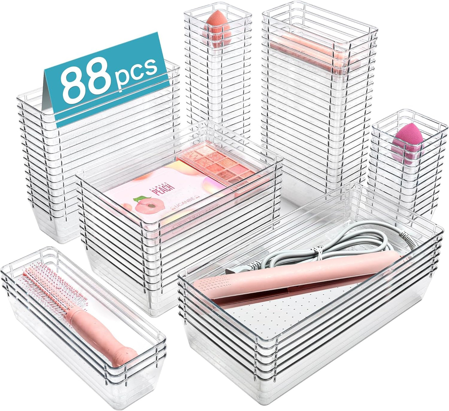 Vtopmart 88PCS Clear Plastic Drawer Organizers - Versatile Storage Bins for Makeup, Kitchen & Office