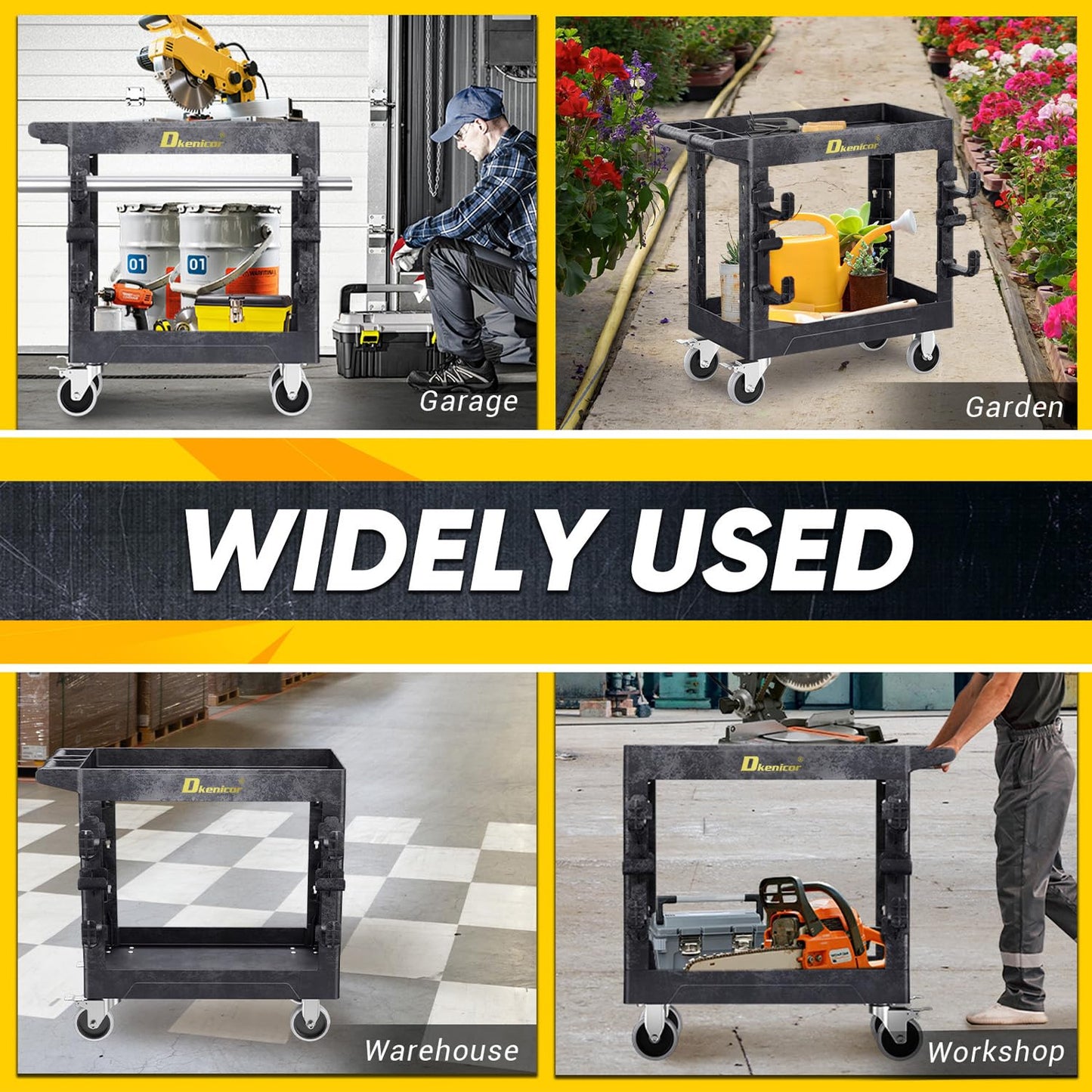 Heavy Duty Plastic Utility Cart 850Lbs, 34" x 17" Rolling Work Cart with Wheels - 2 Tier Service Cart for Warehouse/Garage/Garden - Upgraded 2 Side Tube Hooks, 360° Swivel Lockable Wheels