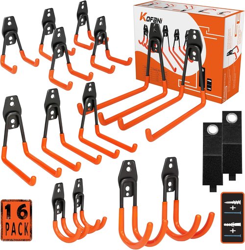 KOFANI Heavy Duty Steel Hooks - 16 Pack Anti-Slip Coating for Garage Storage | Hang Bikes, Ladders & Tools