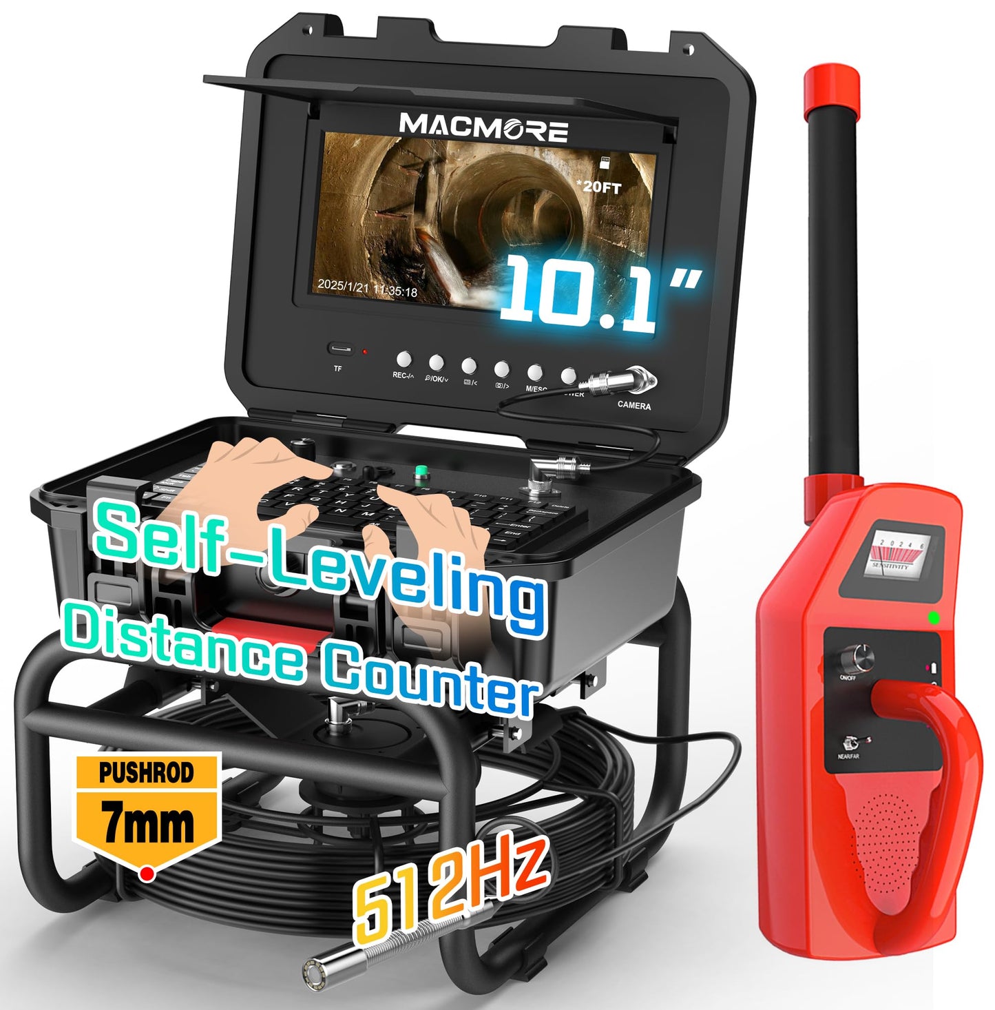 Sewer Camera Self Leveling, 7MM Thicker Pushrod, Keyboard, Distance Counter, 10.1'' Large HD Monitor, Sewer Inspection Camera IP68 with DVR & SD Card Industrial Borescope Snake (164Ft, with Locator)