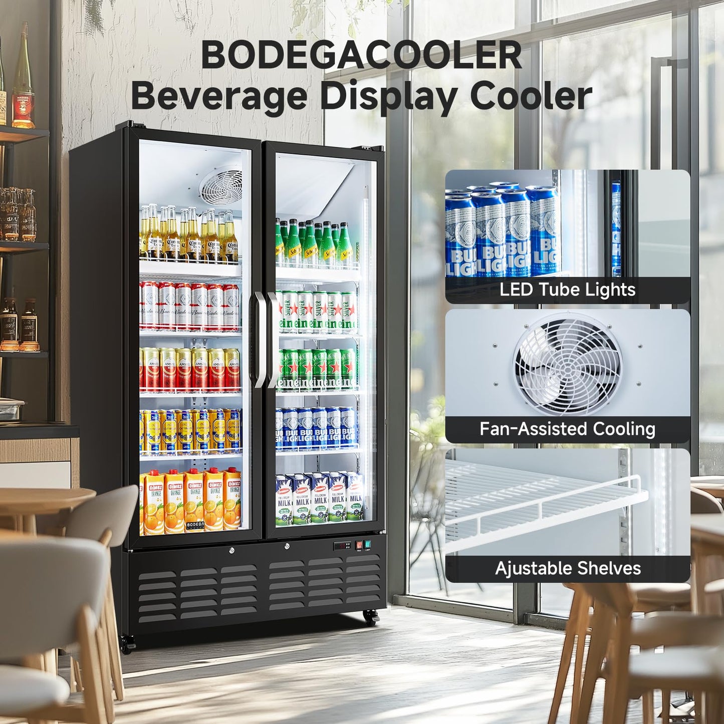 BODEGACOOLER Commercial Merchandiser Refrigerator, 27.02 Cu.Ft Double Glass Door Beverage Cooler, Upright Display Refrigerator with Soft LED Light, Adjustable Shelves, 4 Heavy-Duty Casters, Black