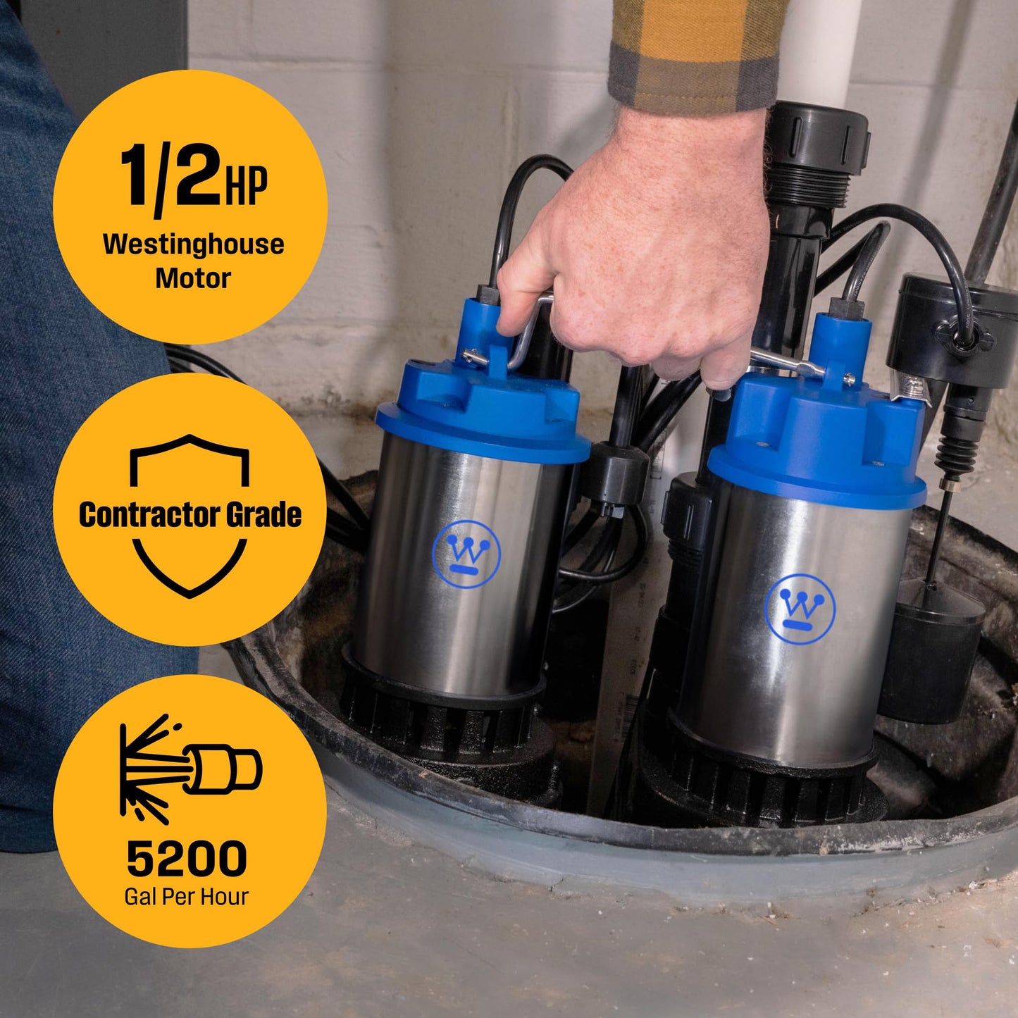 Westinghouse Battery Backup Sump Pump System – 1/2 HP Dual Sump Pumps with Automatic Switchover, Stainless Steel Construction, Top Suction Design, Basement Flood Protection