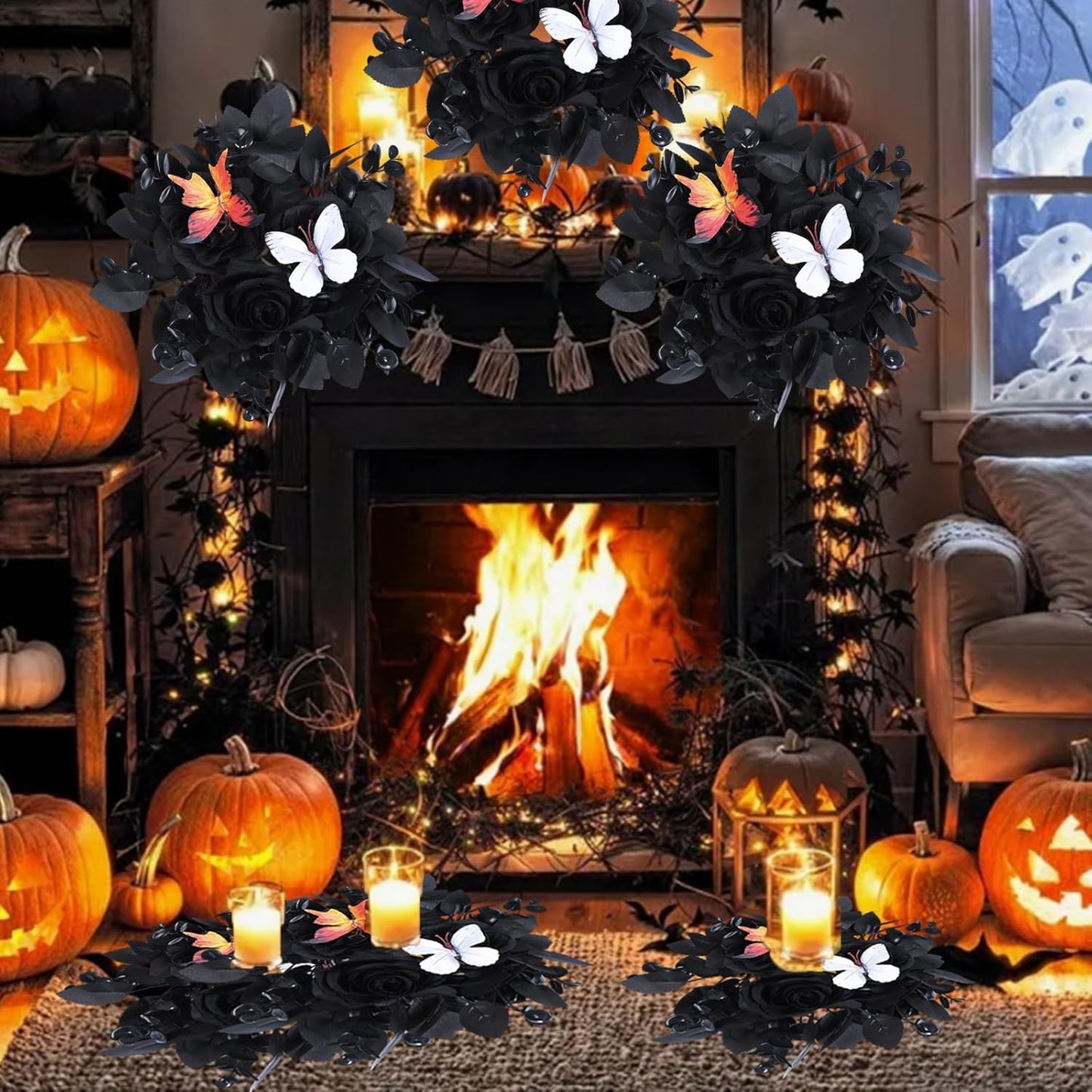 Regine Switzerland Halloween Rose Candle Ring Wreath - Gothic Black Floral with Butterfly & Artificial Leaves | Elegant Table Centerpiece