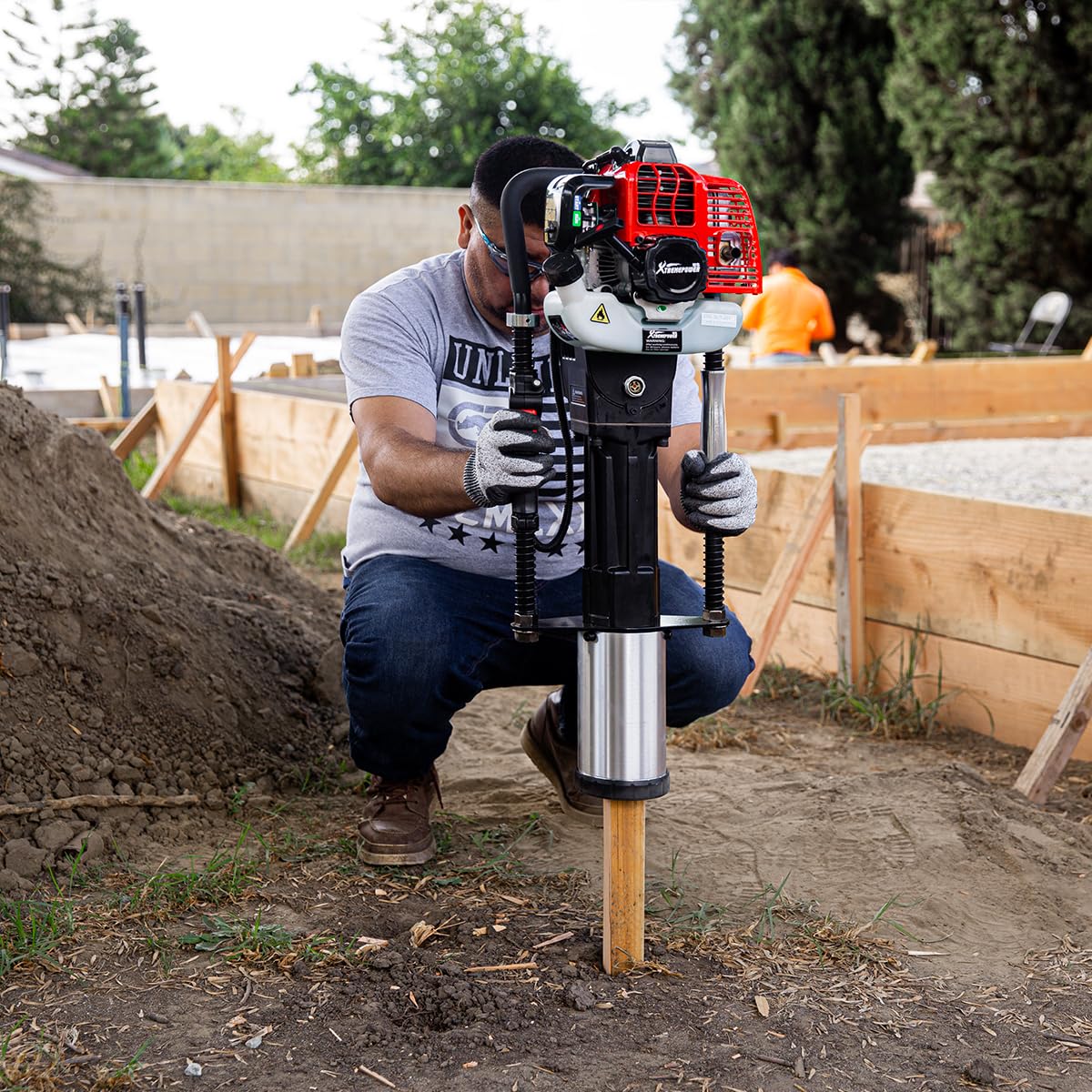 XtremepowerUS 52CC Gas Powered T-Post Driver, 2-Stroke Garden Fencing Farm Piling Driver, Air Cooling Gasoline Garden Fencing with 2 Post Driving Head