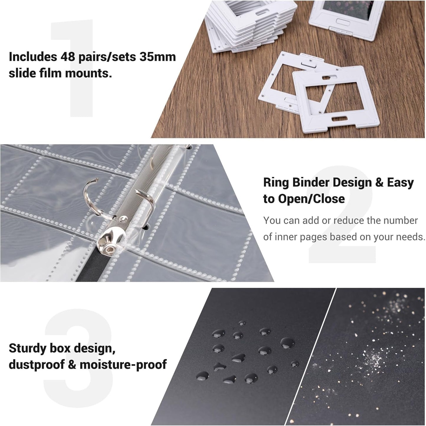 JJC 35mm 96 12 48 Slide Storage Box Kit - Archival Safe Pull-Out Case Holds Mounted Slides, with Acid-Free Pages