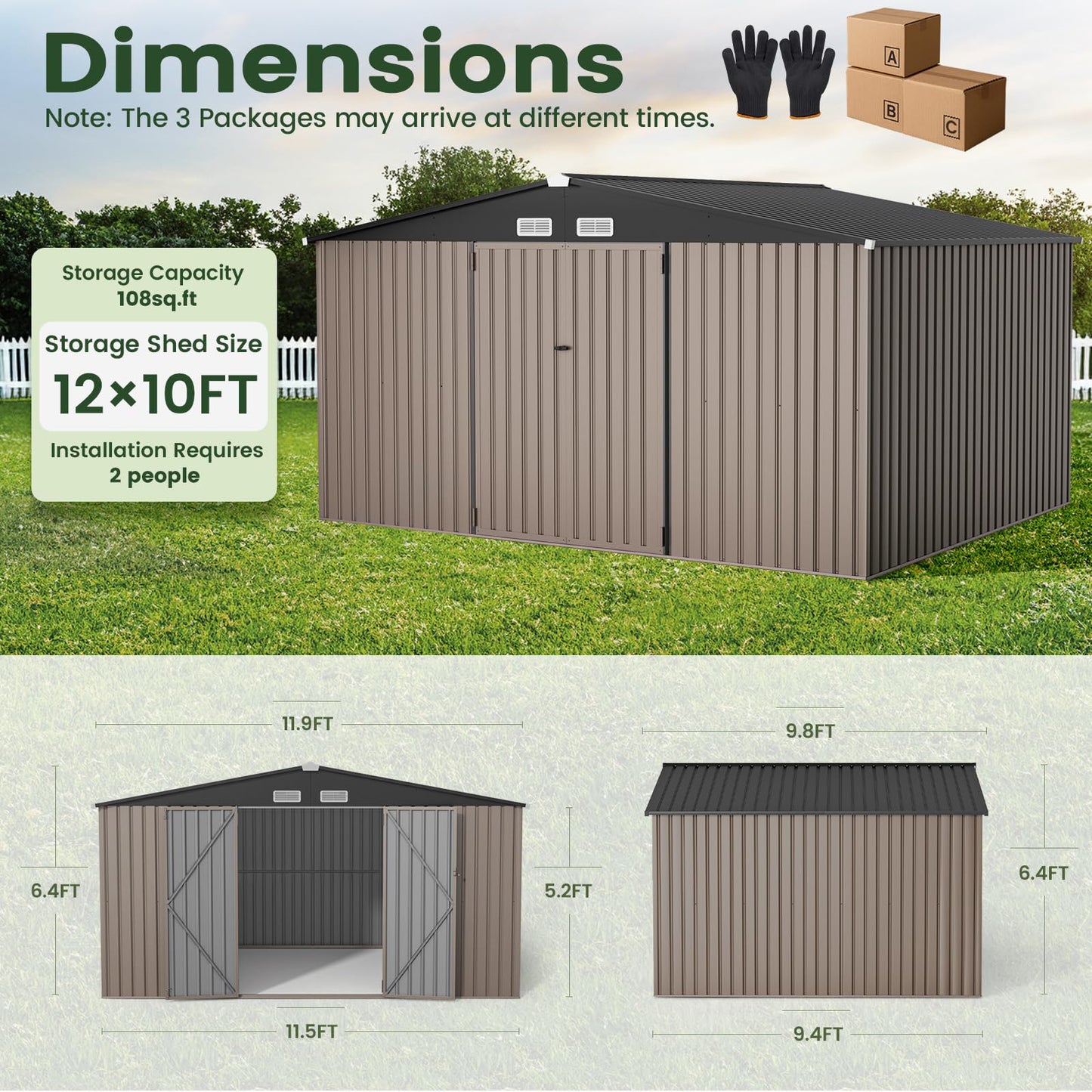 GVDV 12x10 FT Outdoor Metal Storage Shed, Durable Garden Shed with Reinforced Sidewall Girts & Updated Frame Structure, All-Weather Shelter for Backyard, Patio, Tool, Bike Storage