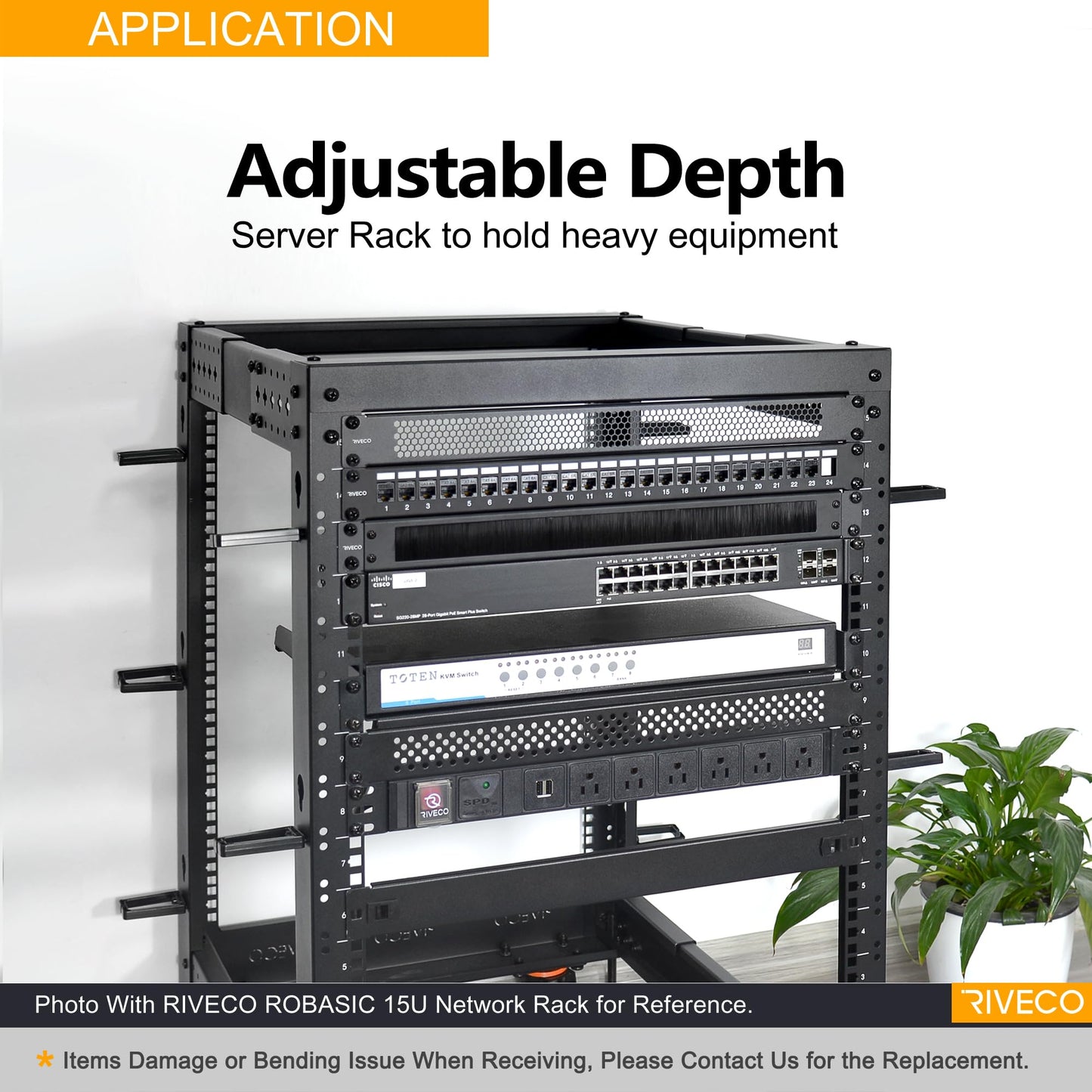 RIVECO 12U Server Rack Adjustable Depth Network 4 Post Cabinet Open Frame with Leveling Feet & Wheels Fully Rivets 1400 LBS