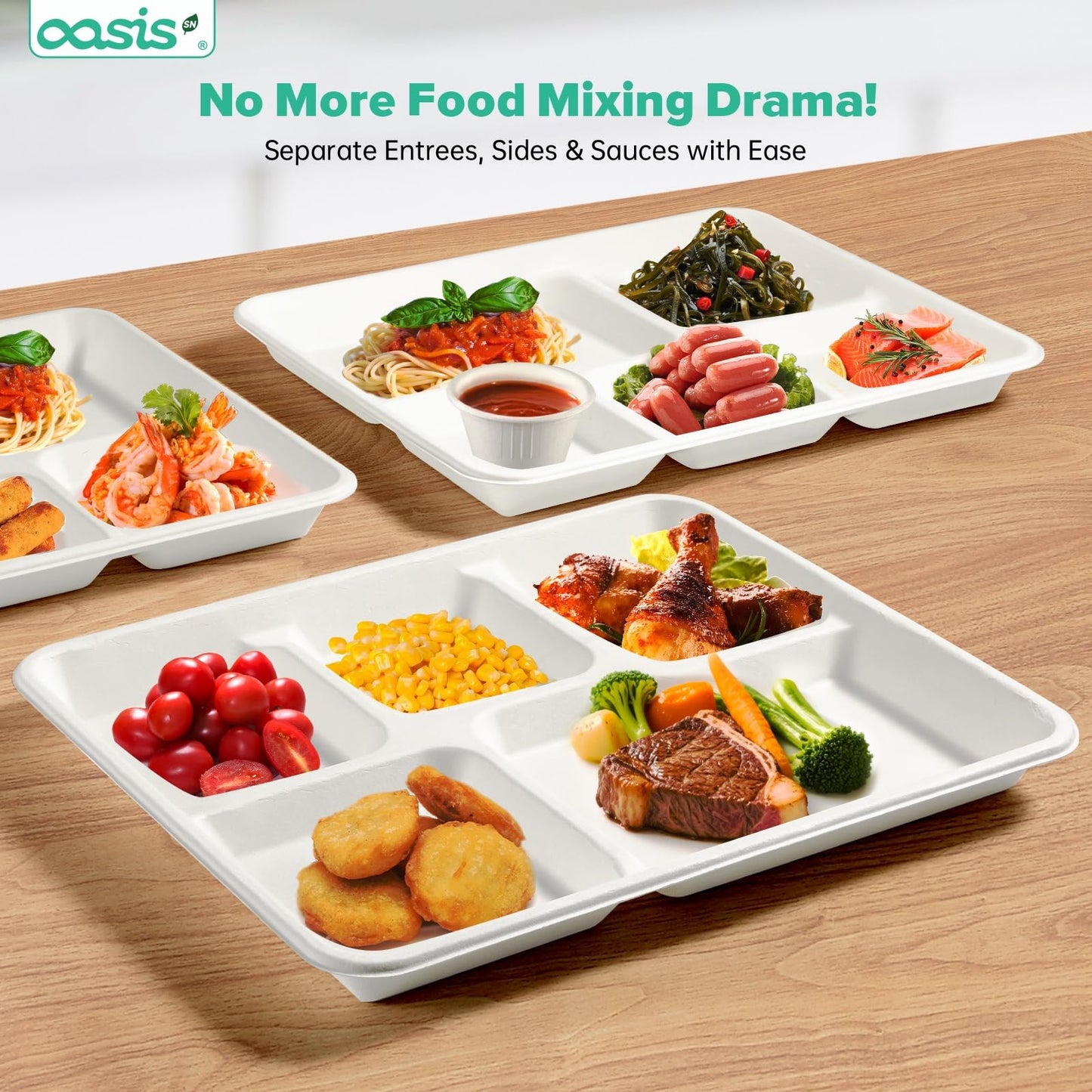 OasisSN 10x8 128-Pack 5-Compartment Divided Plates, Ideal for Light Meals, Kids Lunch, Meal Prep & Party, Heavy Duty Compostable Bagasse Plates, Microwave Safe, White