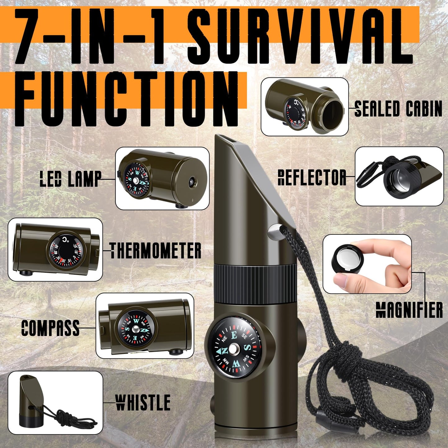 Xuhal 4 Pack Emergency Survival Whistle Loud Safety Whistle 7-in-1 Multifunctional Outdoor Survival Tool with Compass Thermometer LED Light Magnifier for Hiking Camping Boating Kayaking and Rescue