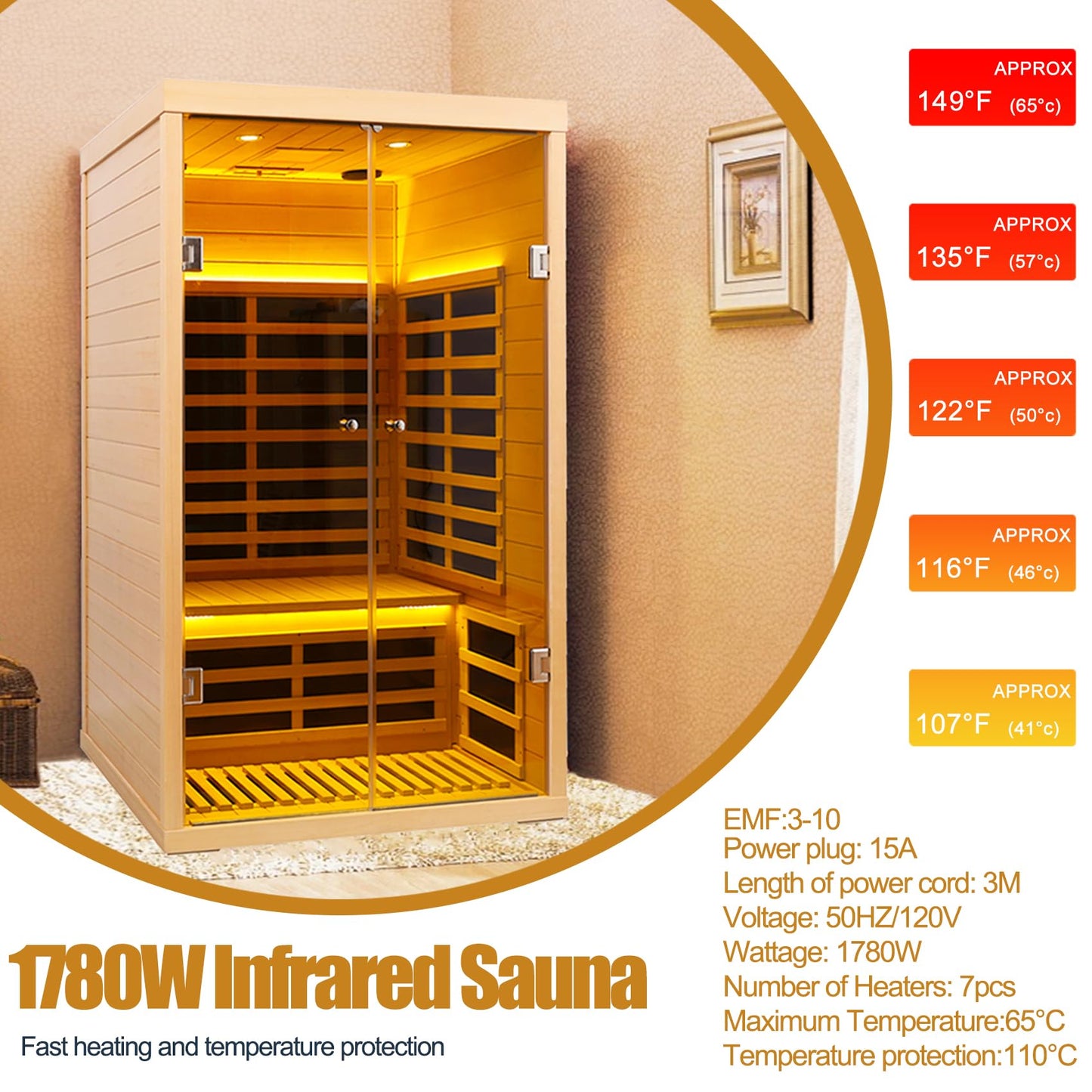 SALUSHEAT 2 Person Infrared Sauna, Low EMF Far Infrared Sauna Hemlock Wooden Sauna for Home, 1780W Indoor Sauna with App & LCD Panel Control, Tempered Glass Doors