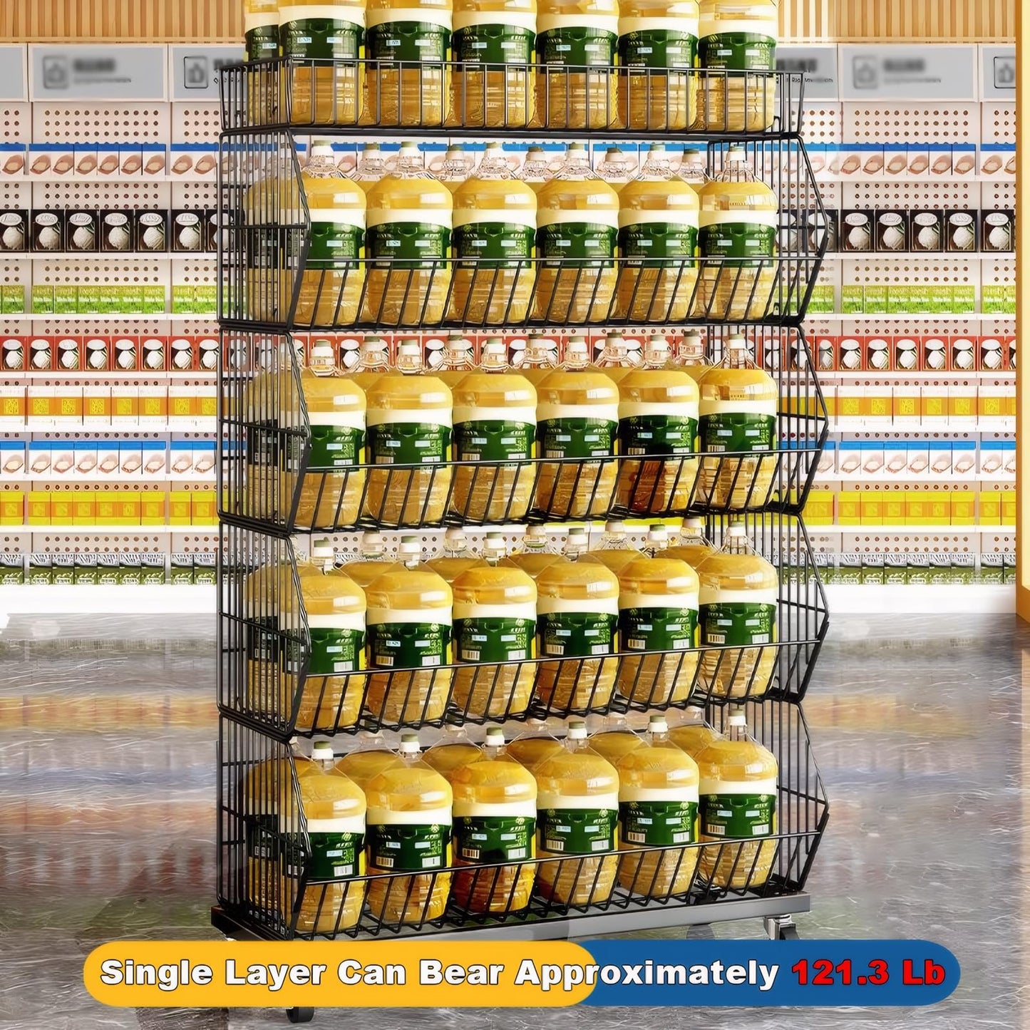 Yuwoune 5-Tier Slanted Rolling Retail Display Rack with Locking Wheels | Heavy-Duty Metal Snack & Chip Display Stand for Grocery Stores, Supermarkets, Bakery | Space-Saving Store Organization Shelf