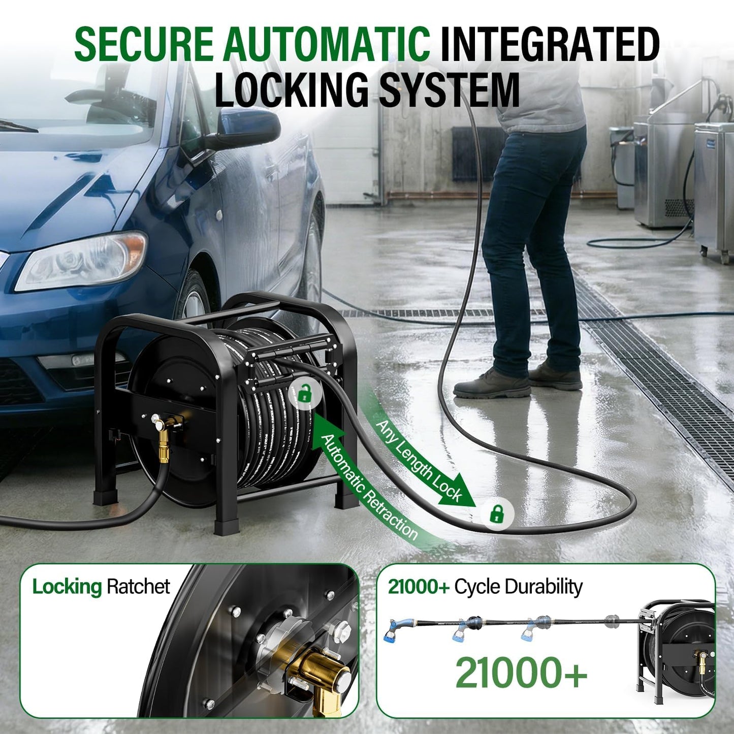 SPECILITE Retractable Hose Reel with 1/2'' x 100FT Garden Water Pipe, 1200 PSI, UV Resistant Heavy Duty Industrial Metal Freestanding Spool, 6' Lead-in, Sprayer Nozzle for Garage, Yard, and Workshop
