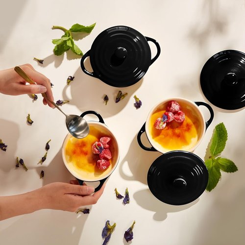 Kook Ceramic Mini Cocotte Set - 12 oz Individual Baking Ramekins | Oven Safe, Microwave & Dishwasher Safe, Black - Set of 4