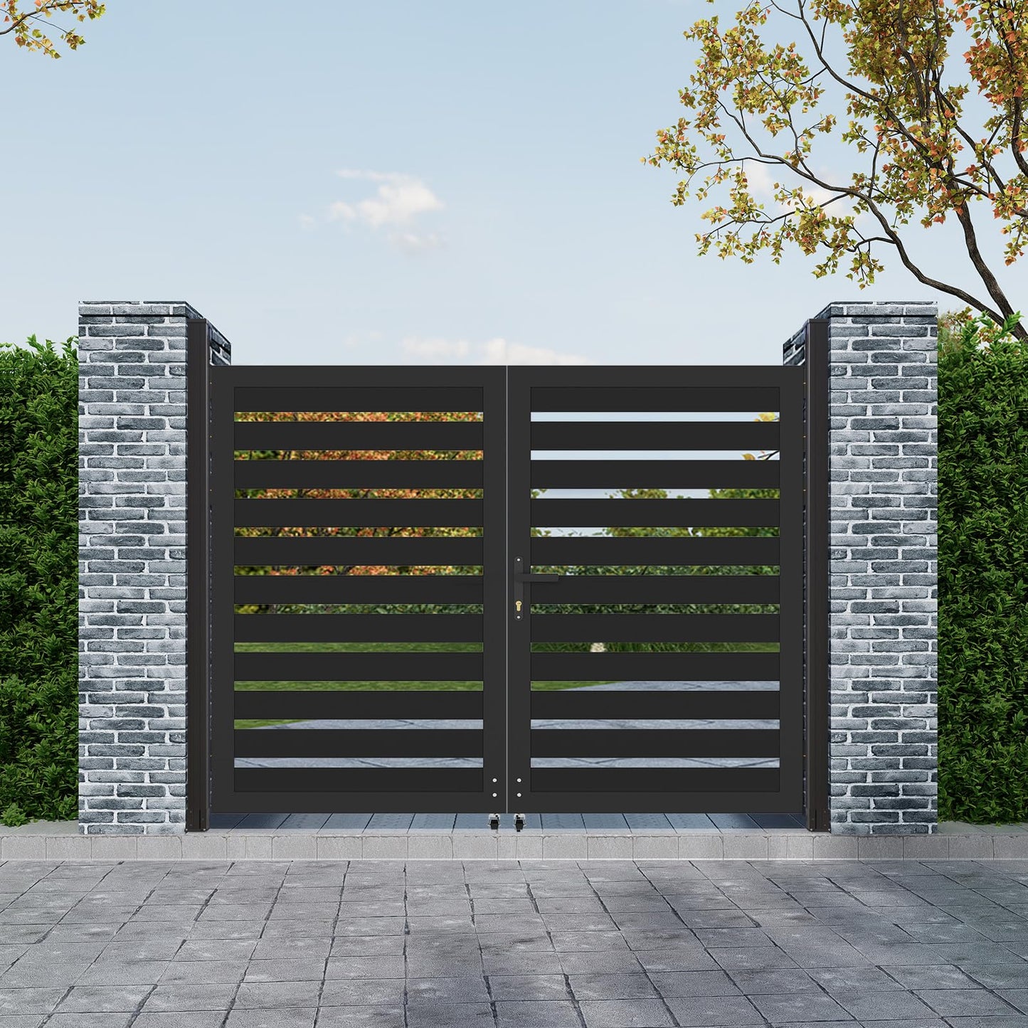 Mondaria Aluminum Double Fence Gate, 5FT H x 6FT W Outdoor Driveway Privacy Gate with Heavy Duty Metal Frame, Rustproof Powder-Coated Gate with Lockable Handle Kit, Horizontal Slat (Without Post)