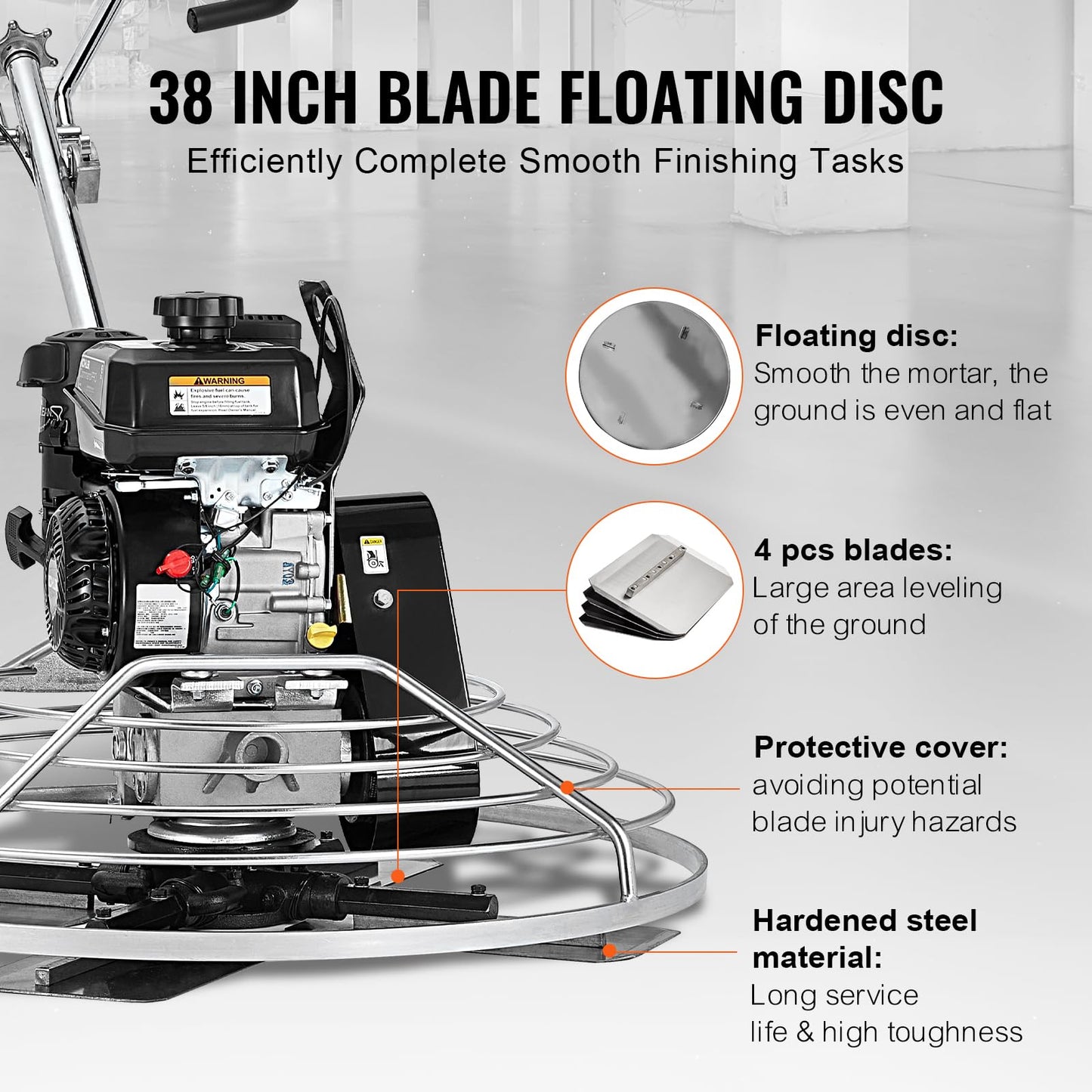 VEVOR Power Trowel 38 inch, 6HP Gas-Powered Smooth Concrete with Float Pan, Heavy Duty Commercial Screed Concrete Cement with Finishing Blade