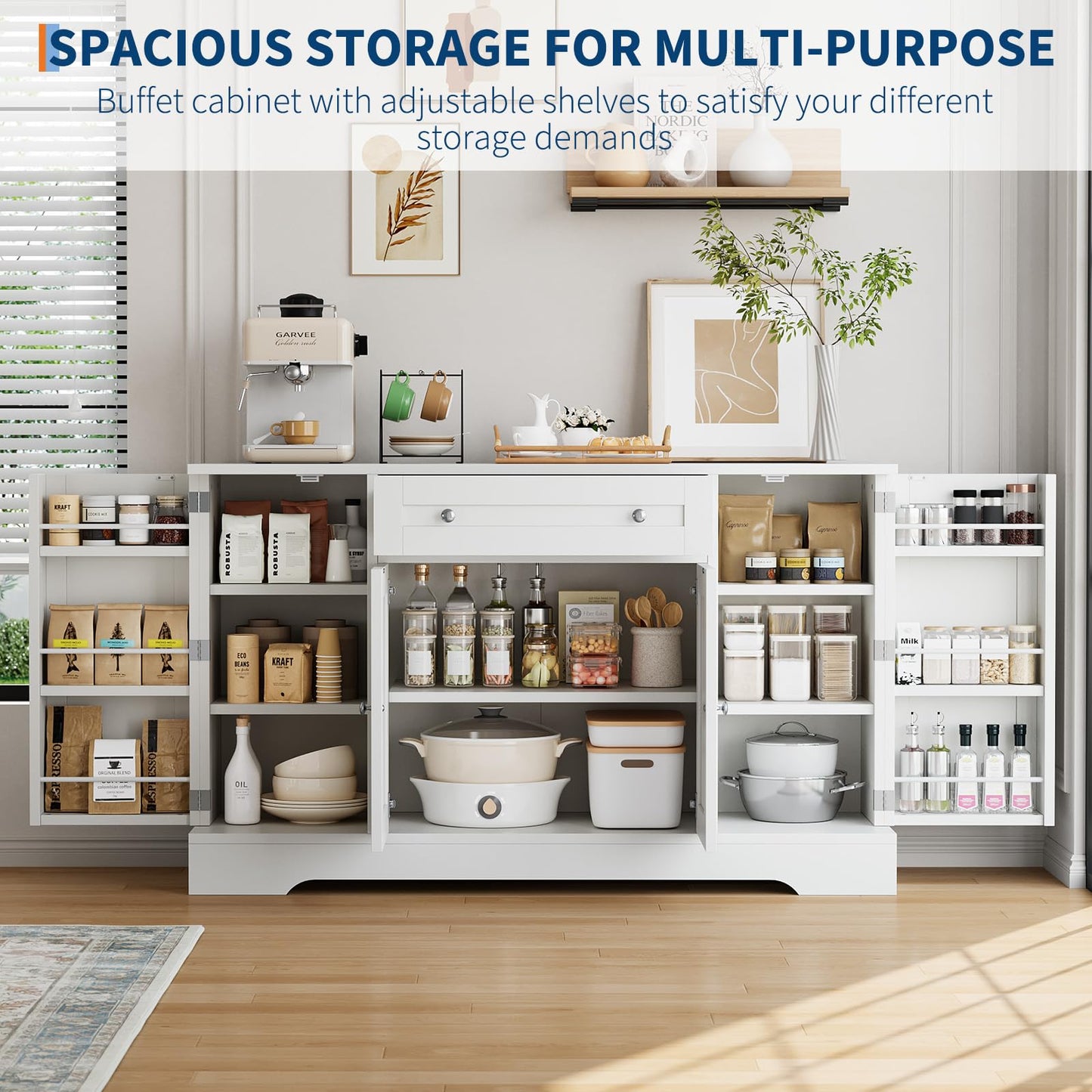 Garvee Sideboard Buffet Cabinet with Storage, Modern Wooden Credenza Storage Cabinet with Drawer and 4 Doors, Freestanding Coffee Bar for Living Room, Kitchen, Dining Room, White