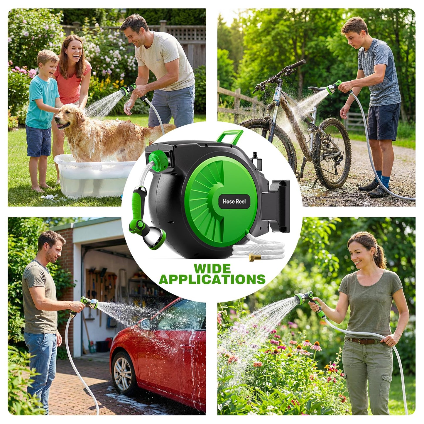 Retractable Garden Hose Reel 100FT x 1/2 in, Wall Mount Water Hose Reel for Outside with Auto Rewind, Tangle-Free Guide, 180° Swivel Bracket, Lock at Any Length, High-Pressure Flow, 10-Pattern Nozzle
