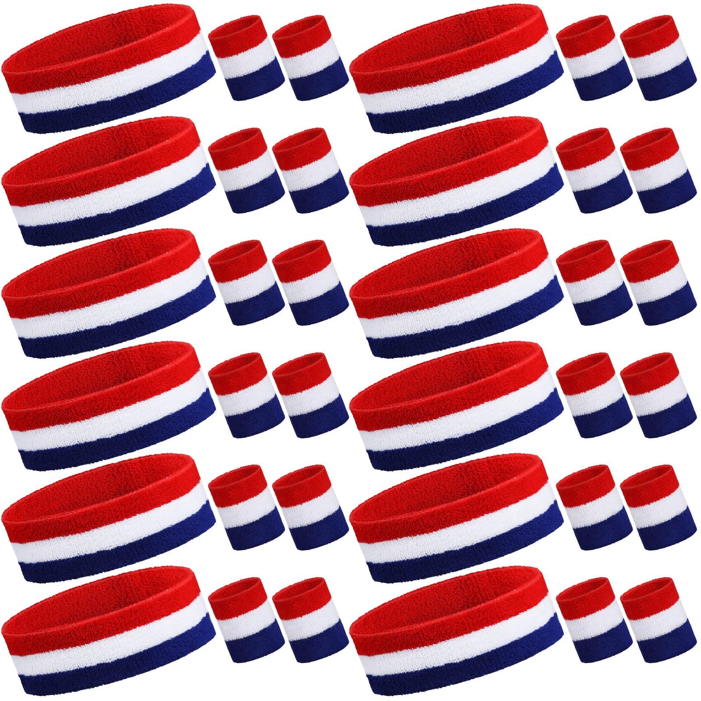 Eurzom 36-Piece Striped Sweatband Set: 12 Sweat-Absorbing Headbands and 24 Cotton Wristbands for Men, Women - Gym, Sports (White, Blue, Red)