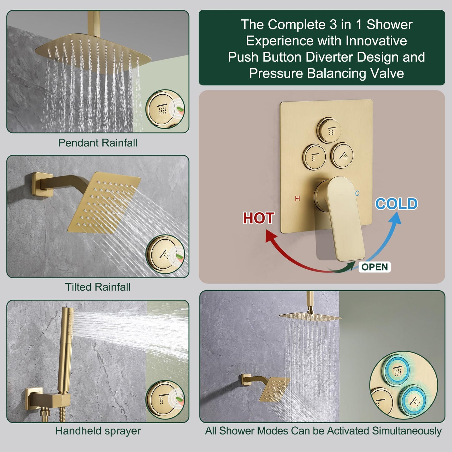 HMEGAO Shower Faucet Sets Brushed Gold, 12" Ceiling Mount Rainfall Shower System with 6" Wall Mount Shower Head and 2 in 1 Handheld Retrofit Shower System, Push Button Diverter Shower Fixture Trim Kit