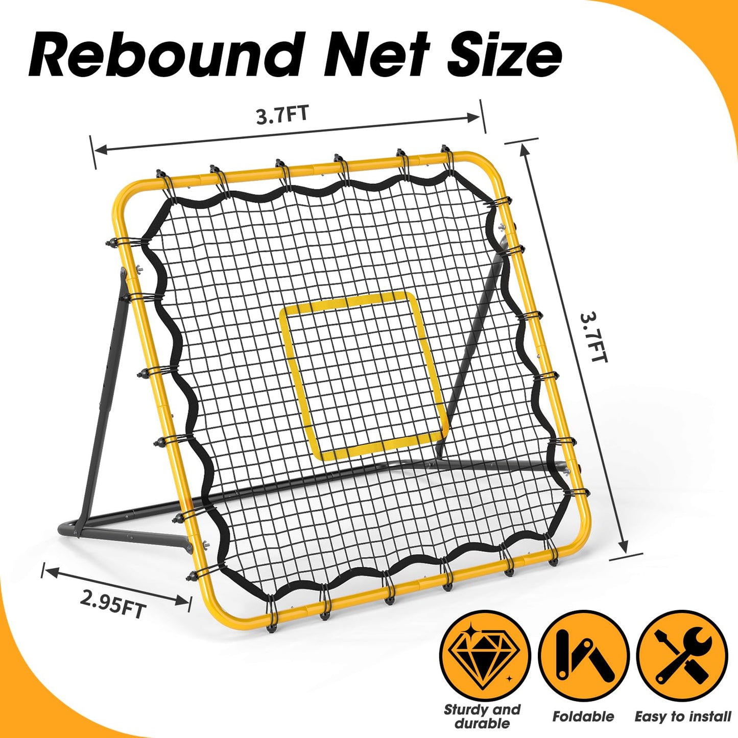 JIRTEMOT 3.7 x 3.7 FT Rebound Net, with Pitching Target for Soccer, Baseball and Volleyball, Adjustable Pitching Rebound Net, Yellow