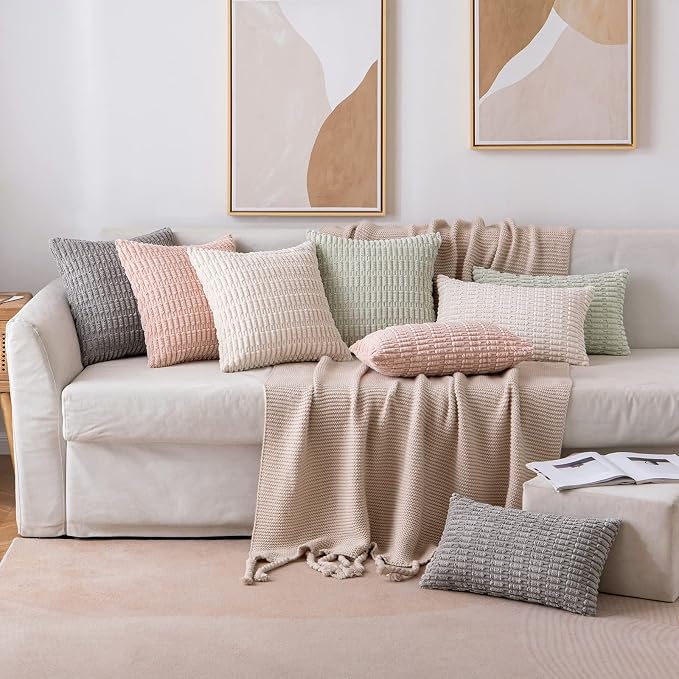 MIULEE Pack of 2 Corduroy Decorative Lumbar Throw Pillow Covers 22x14 Inch Soft Boho Striped Pillow Covers Modern Farmhouse Home Decor for Sofa Living Room Couch Bed Cream White