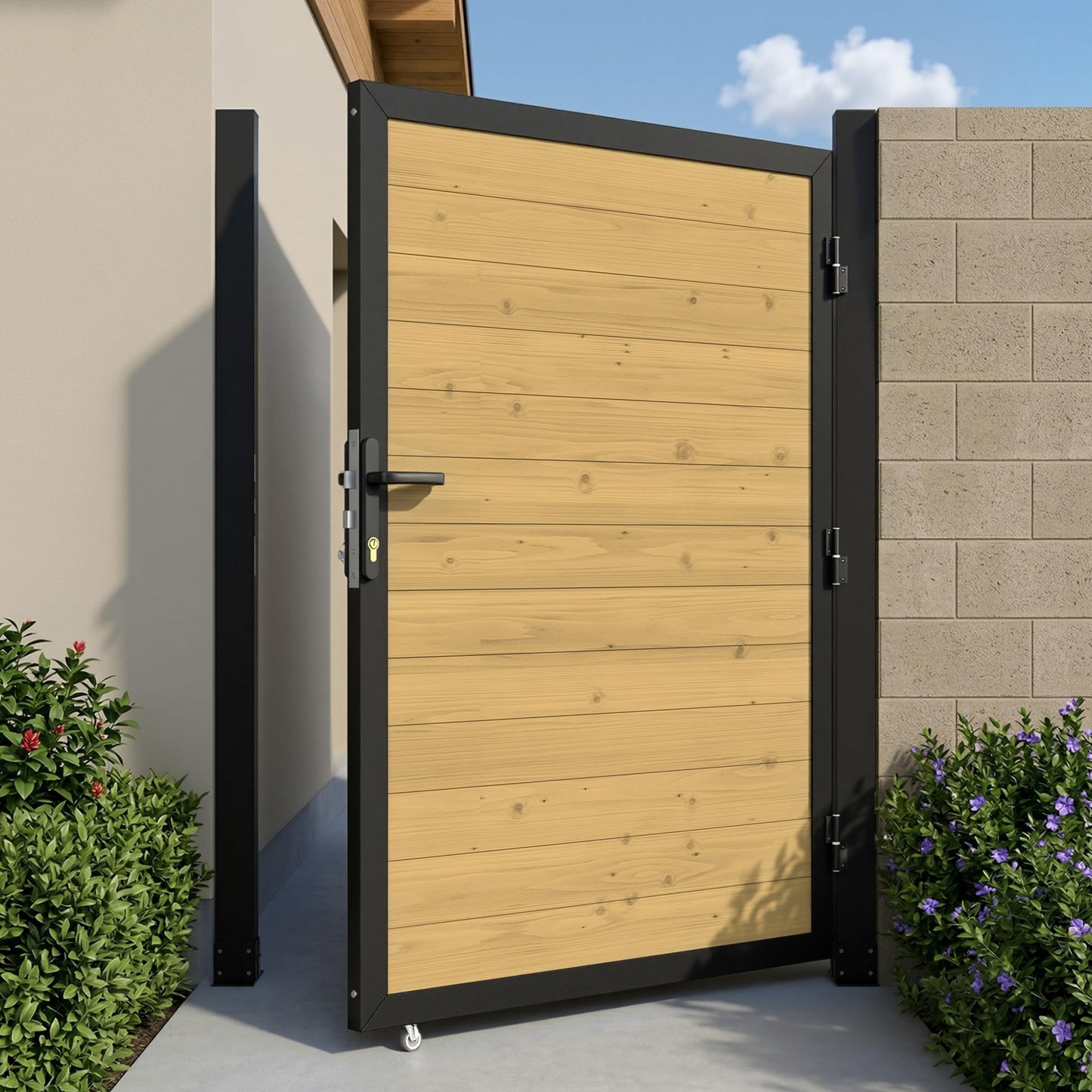 Yardenaler 4 x 6 FT Outdoor Privacy Fence Gate, Cedar Wood Privacy Gate Kit with Aluminum Frame, Garden Gates for Outside with Caster Wheel & Lockable Handle for Garden Yard Pool Entrance, Natural