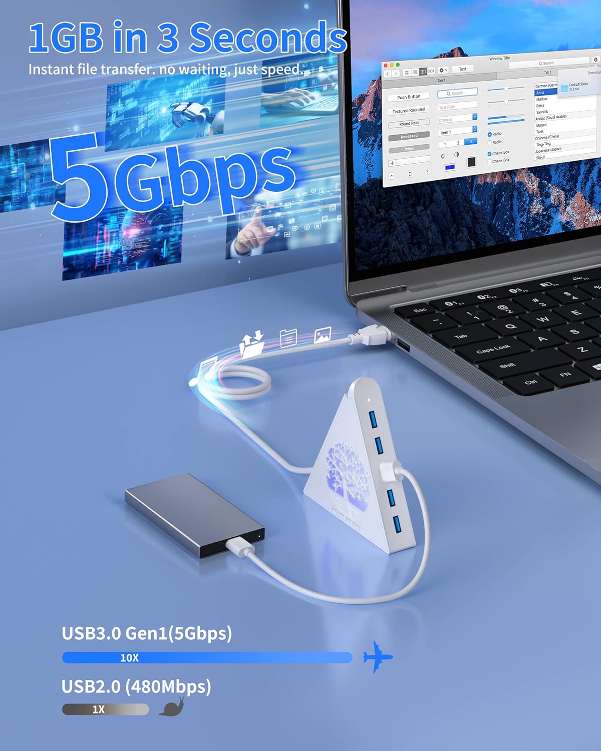 JoyReken 7-Port 3.0 5Gbps 2FT USB Hub, White Vertical USB Hub Splitter with Tree-Shaped RGB Lighting, High-Speed