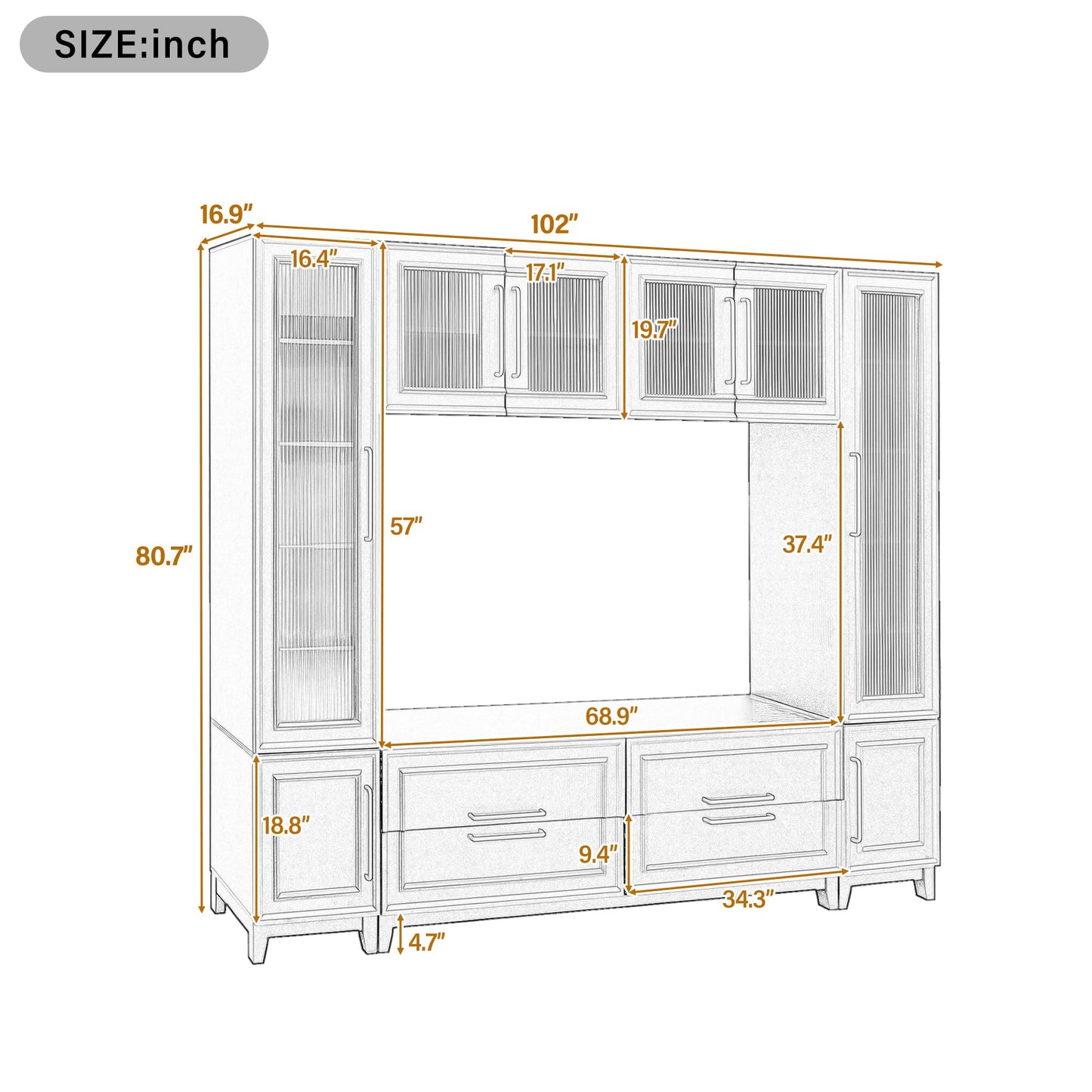 Merax 102" W Wall Unit Modern Entertainment Center with Glass Doors for TVs up to 75", Large Minimalist TV Stand Media Console with Drawers, Glass Doors for Living Room, Black