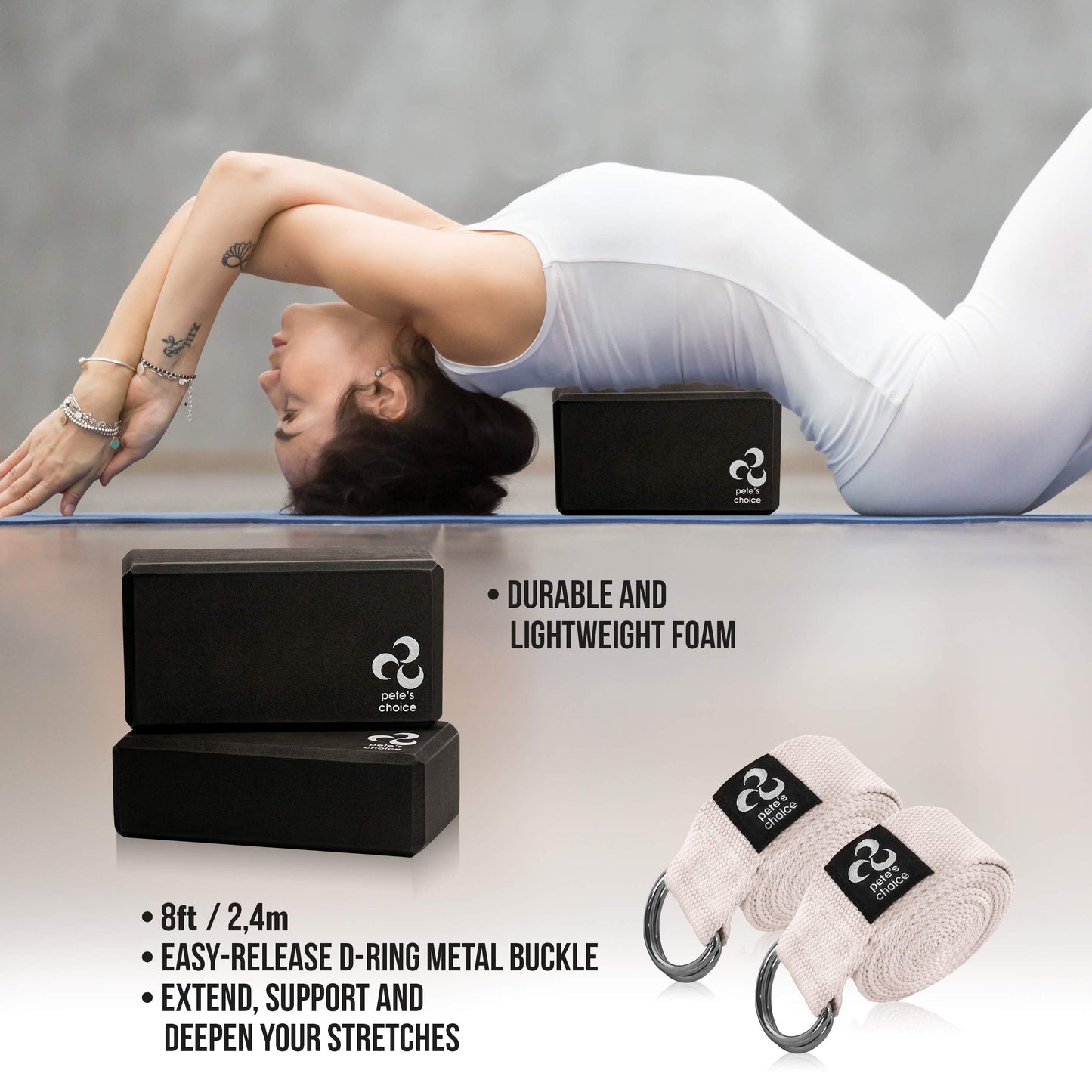 2 Yoga Blocks + 2 Yoga Straps - Starter Kit for Beginners. Great for Home indoor exercises