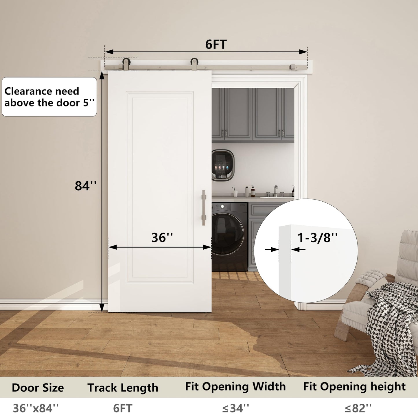 JUBEST 36''x84'' Sliding Barn Door, 1 Panel with 2 Steps White Primed Sliding Closet Door with Satin Nickel 6FT Hardware Kit, Hollow Core Interior Door, Pre-Assembled Panels, Durable & Sturdy