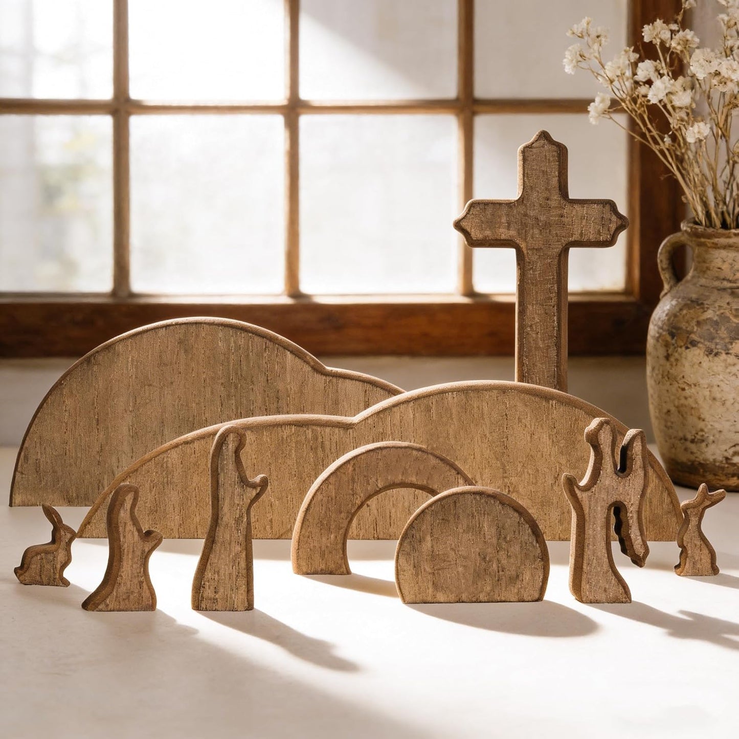 TW SHINE Easter Scene Decoration - Wooden Empty Tomb & Cross Tray Set for Home or Office