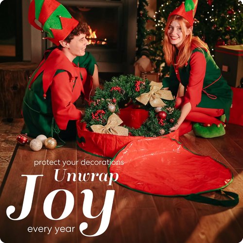 Handy Laundry Christmas Wreath Storage Bag - 24 Inch Durable Tarp Material with Zipper & Sturdy Handles, Red