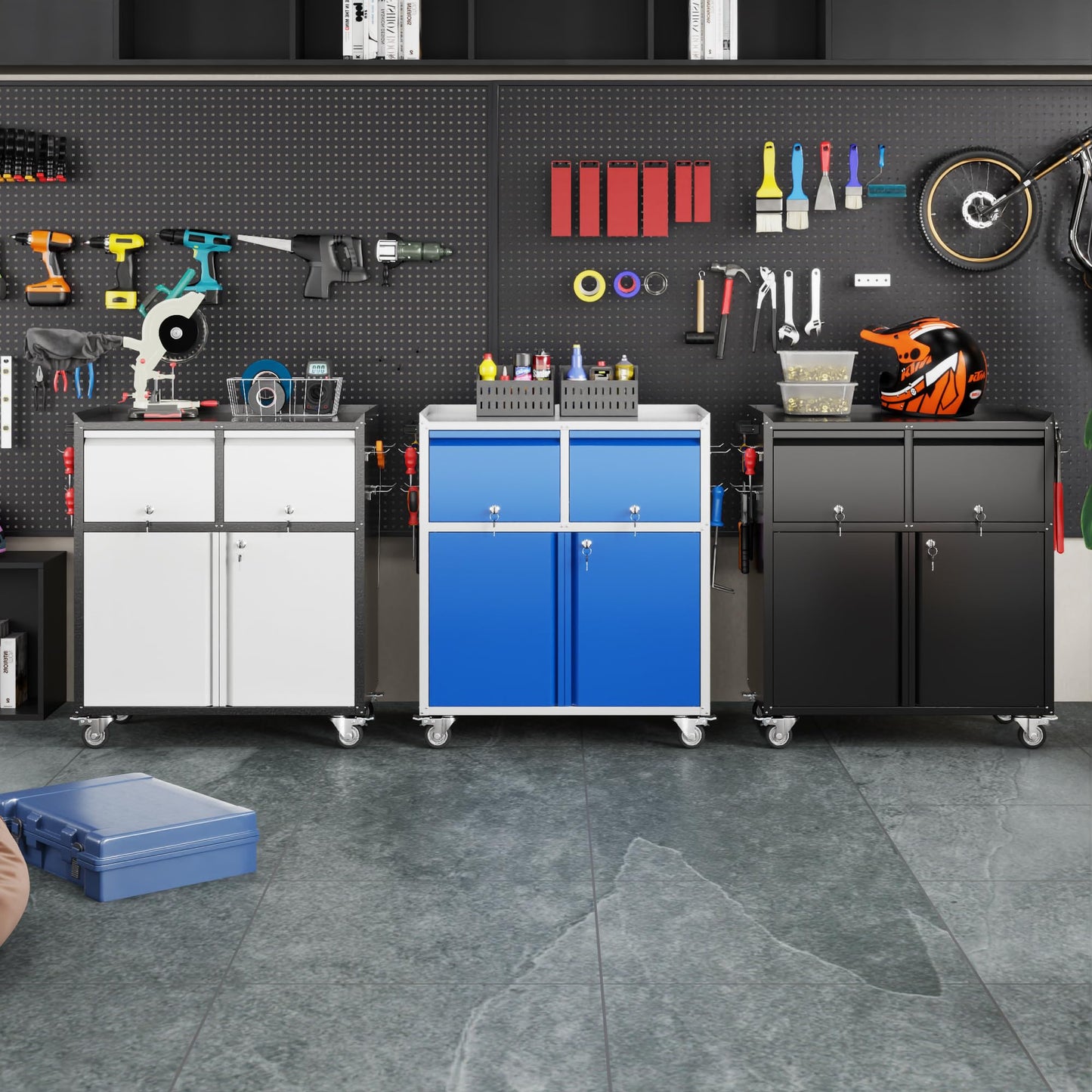 Aobabo Rolling Metal Garage Cabinet, Lockable Storage Cabinet with 2 Drawers, Pegboards, Hooks & Wheels, Heavy Duty Steel Utility Cabinet for Garage, Workshop, Home Office, Black, Assembly Required