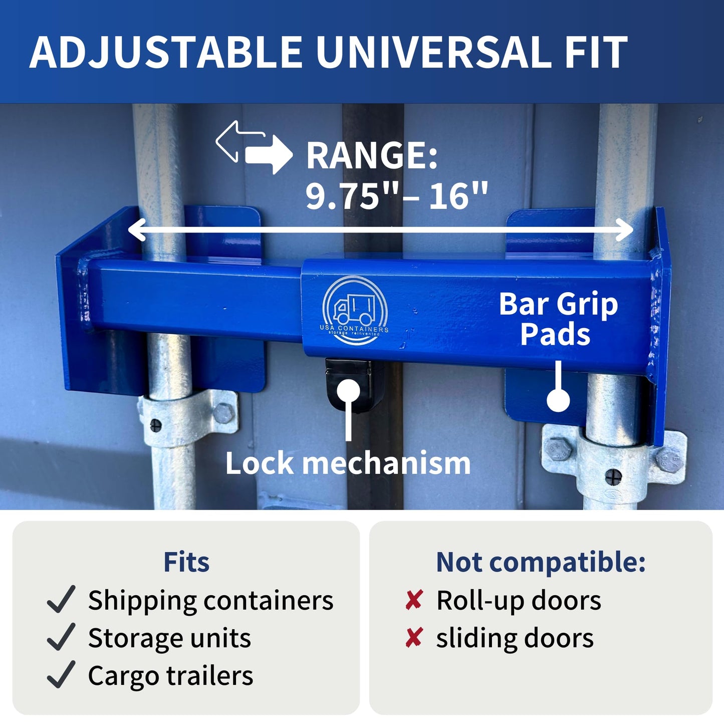 Heavy-Duty Shipping Container Door Lock Bar – USA Containers Adjustable 3/16" Steel Cargo Lock, Keyed Security, Fits 9.75"–16" Doors for Containers, Trailers & Storage Units