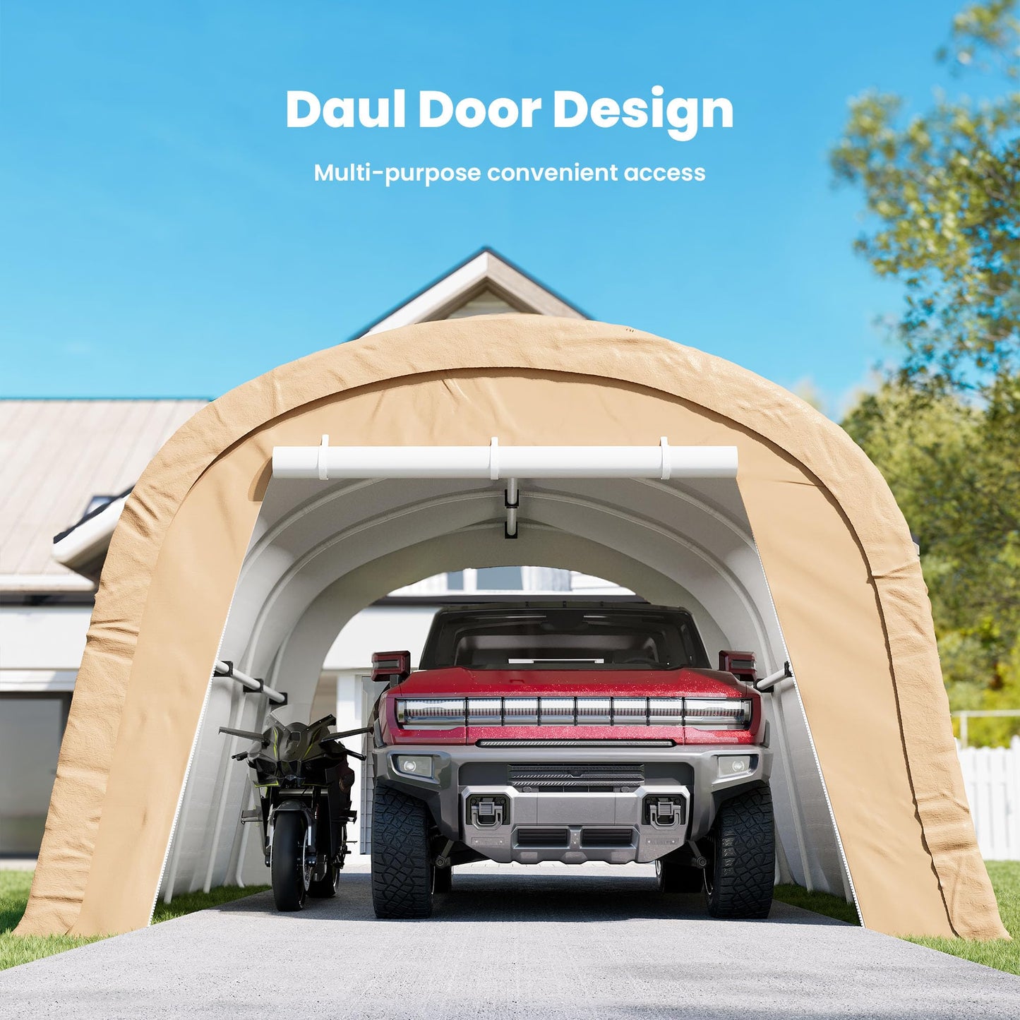 COSIEST 13'×20' Storage Shelter Outdoor Round Carport, Heavy-Duty Garage Canopy with Dual Roll-Up Doors Weatherproof PE Cover, Multi-Purpose Vehicle/Tractor Shed for Backyard/Driveway/Farm(Beige)