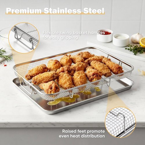 E-far Air Fryer Basket - Large 16” x 12” Stainless Steel Crisper Tray for Healthy Cooking | Dishwasher Safe