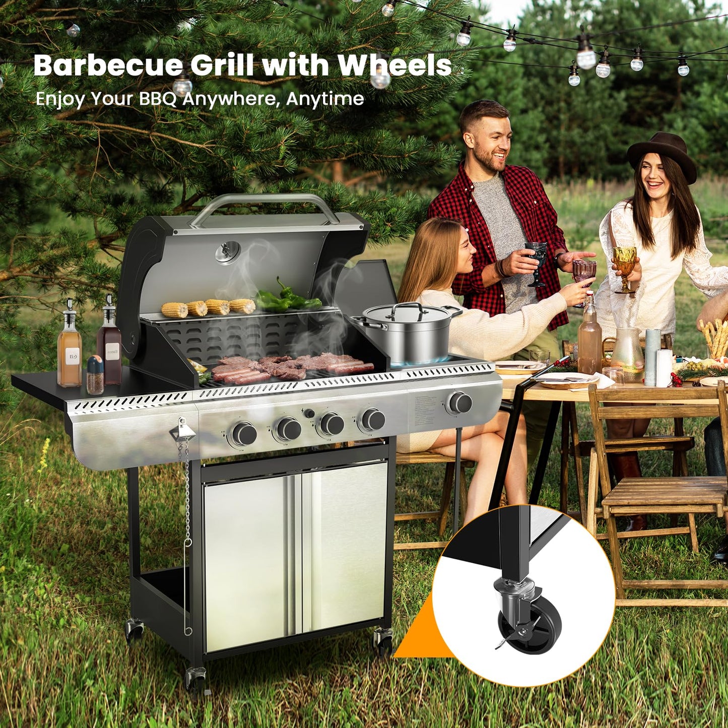 Electactic 4-Burner Gas Grill with Side Burner,Stainless Steel Propane Grill with Porcelain-Enameled Grills,Built-In Thermometer,42000BTU BBQ Grill for Outdoor Cooking and Patio Barbecues