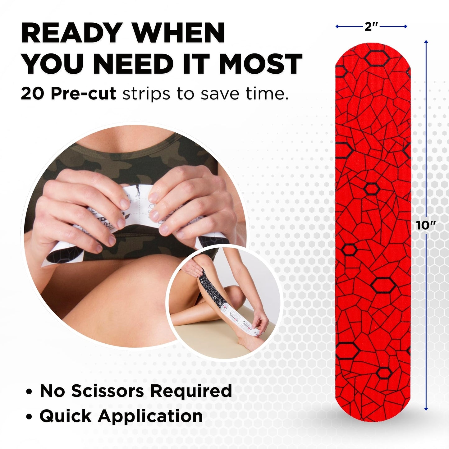 THERABAND Kinesiology Tape, Waterproof Physio Tape for Muscle & Joint Support, Standard Roll with XactStretch Application Indicators, 2" X 10" Strips, 20 Precut Strips, Hot Red/Black