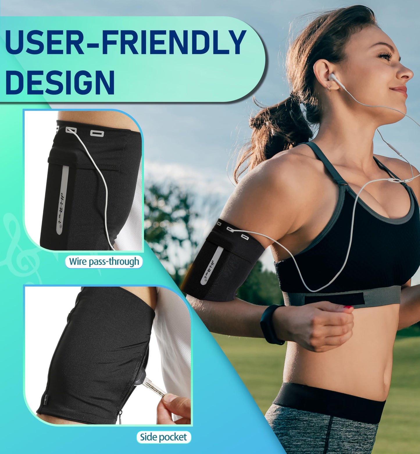 HiRui Running Armband Sleeve Universal Sports Armband Cell Phone Holder Armband for Exercise Workout, Compatible with iPhone 17/16/15/14/Plus/Pro Samsung Galaxy All Phones (M, Black)