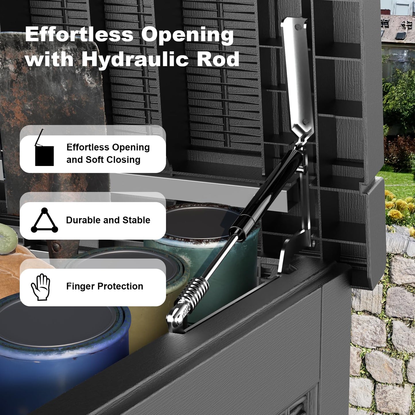 KFY 320 Gallon Waterproof Outdoor Storage Box, UV Resistant Resin Deck Box with Hydraulic Rod for Reinforced Stability, Perfect for Patio, Garden, and Pool（Black，320 Gallon）