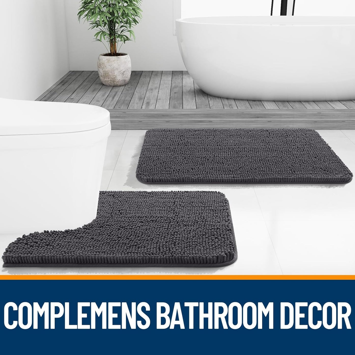 OLANLY Large Bathroom Rugs - Extra Soft Chenille Bath Mats | Quick Dry & Machine Washable, Dark Grey 59x35