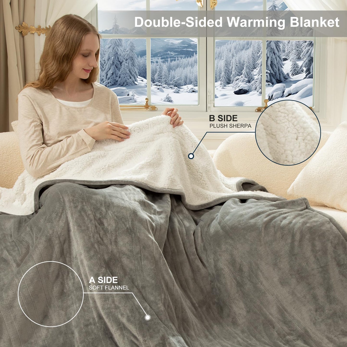 FVERWAG Heated Blanket Queen Size - 84" x 90" Electric Blanket with 5 Heat Settings, Double Zone Heating, 10 Hrs Auto Off, Overheat Protection, Washable Heating Blanket, Gifts for Grandma, Grey