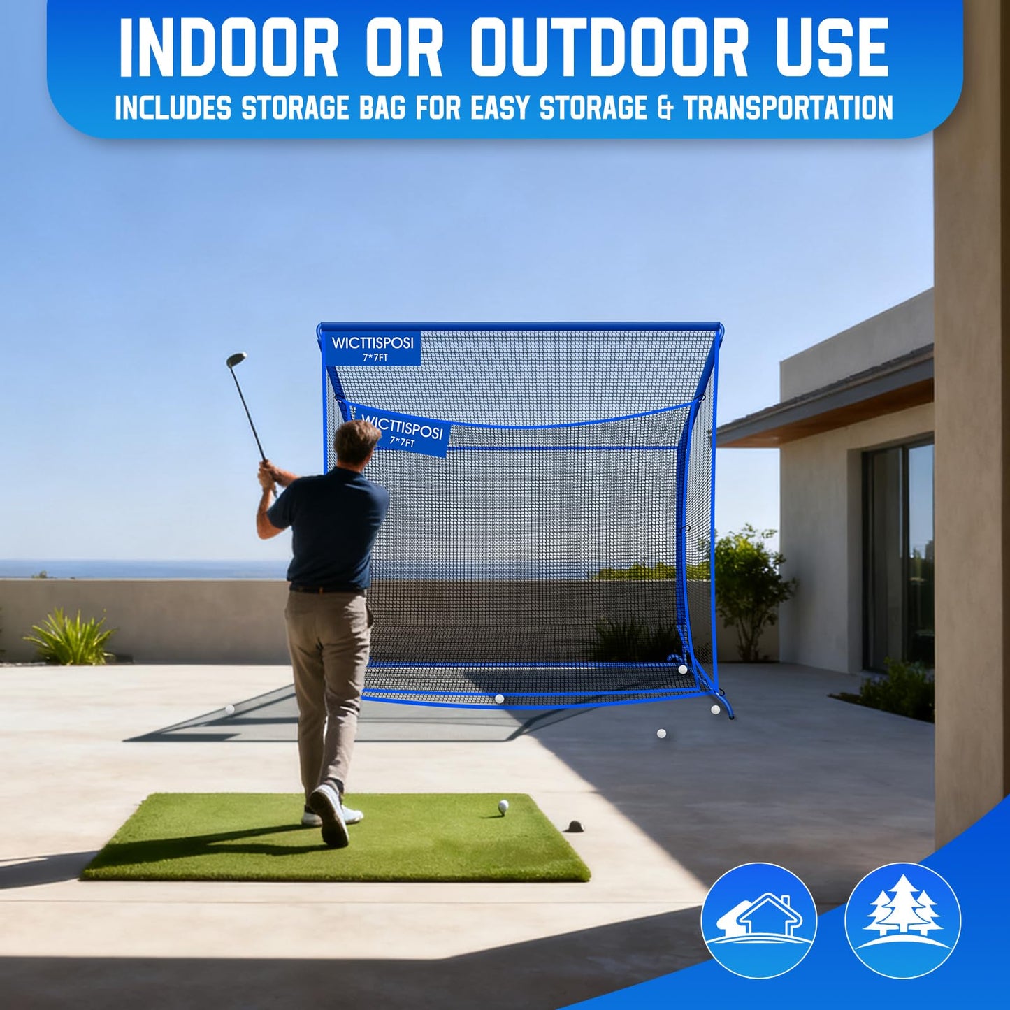 Golf Hitting Net with Extra Striking Net, 7x7ft Heavy Duty Golf Practice Net for Golfers Backyard Driving Swing, Golf Impact Net Cage Metal Frame with Storage Bag and Elevated Base, Indoor Outdoor Use