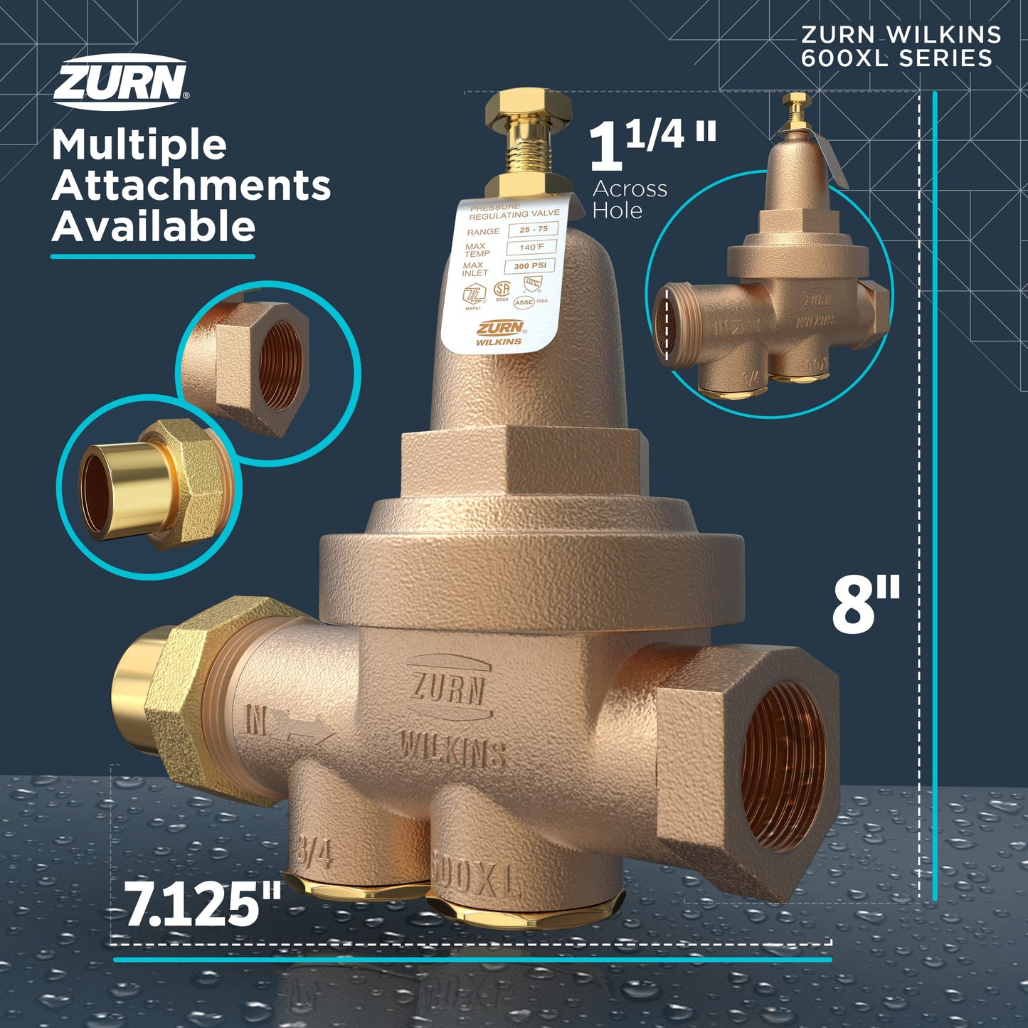 Zurn Wilkins 114-600XLHR 1-1/4" 600XL Pressure Reducing Valve with spring range from 10 PSI to 125 PSI, factory set at 50 PSI