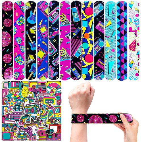 CZWXOXO 74Pcs 80s Theme Party Favors Contain 24 Pcs 80s Theme Slap Bracelets 50Pcs 80s Theme Stickers, Retro Birthday Party Decorations,Classroom Rewards Supplies.